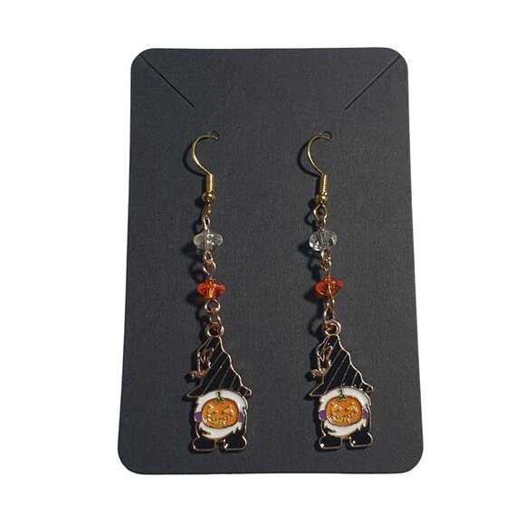 Handmade Halloween Gnome Pumpkin Bead Dangle Earrings Festive Jewelry By Donovan - Picture 1 of 4